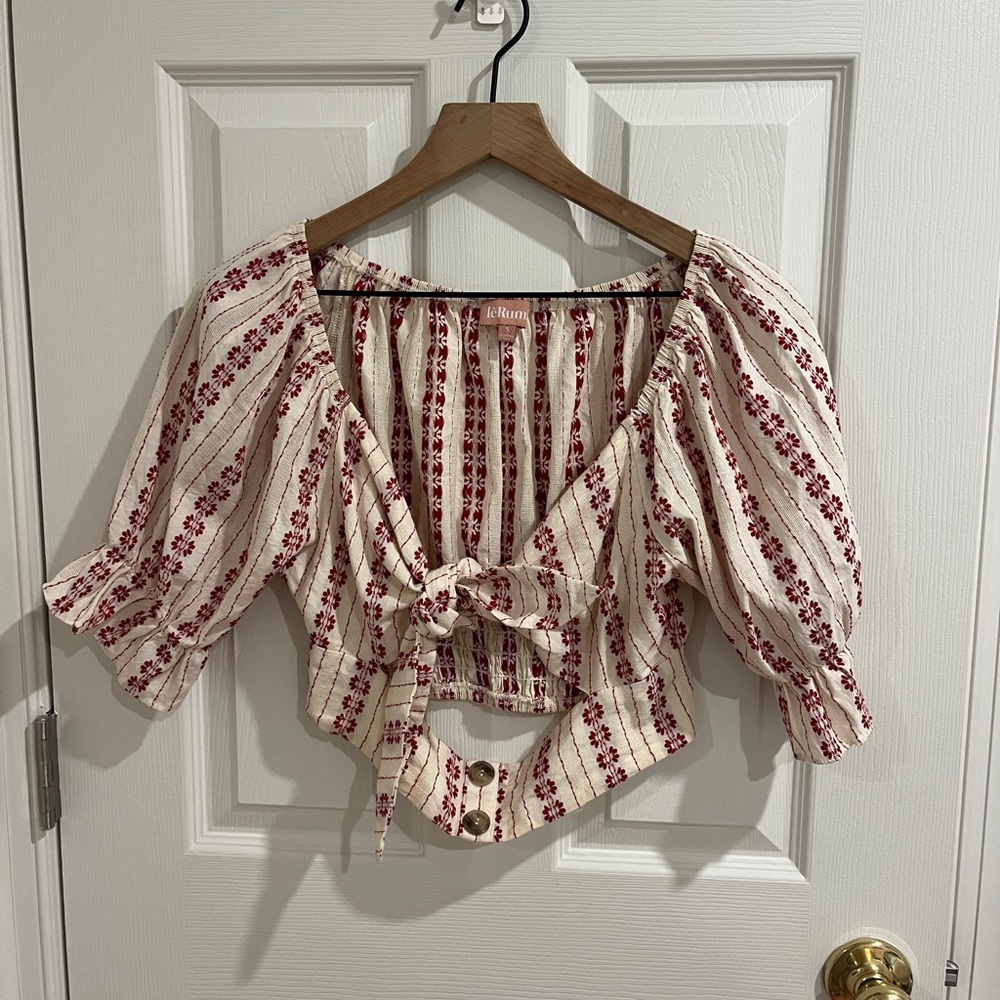 Reformation Pink and White Puff Sleeve Crop Blouse